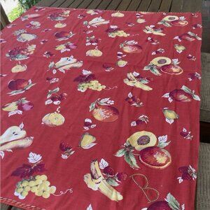 Vintage Cotton Fruit Tablecloth 35"x 42" Bright red with fruits- hand finished